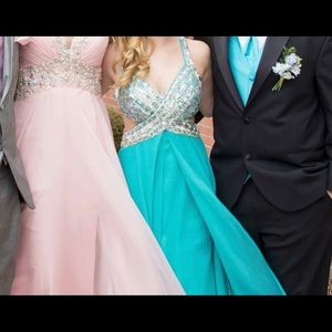 Blue open back prom dress